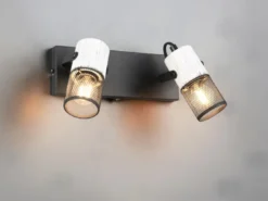 LED Wandstrahler 2-flammig mit Schalter, Schwarz & Holz Weiß, Breite 26cm