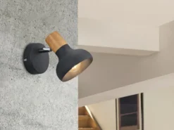 LED Wandstrahler Metall Schwarz mit Holzoptik, Breite 10cm