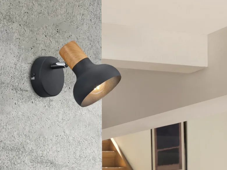 LED Wandstrahler Metall Schwarz mit Holzoptik, Breite 10cm
