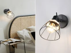 LED Wandstrahler mit Schalter & Gitter Lampenschirm Rattan, Breite 14cm