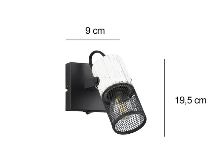 LED Wandstrahler mit Schalter, Schwarz mit Holz Weiß & Gitterschirm, Breite 9cm