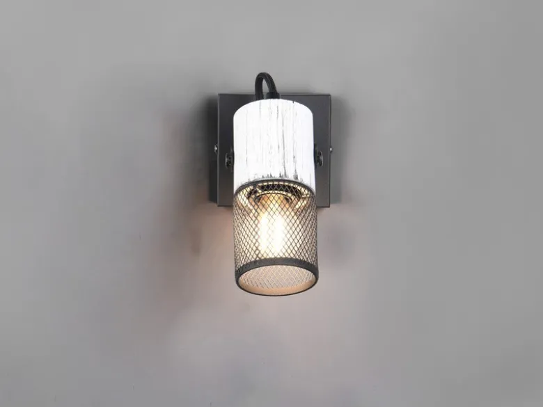 LED Wandstrahler mit Schalter, Schwarz mit Holz Weiß & Gitterschirm, Breite 9cm