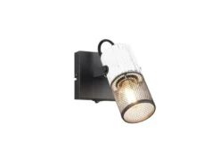 LED Wandstrahler mit Schalter, Schwarz mit Holz Weiß & Gitterschirm, Breite 9cm