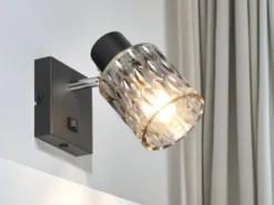 LED Wandstrahler mit Schalter und Rauchglas Lampenschirm, Höhe 16cm