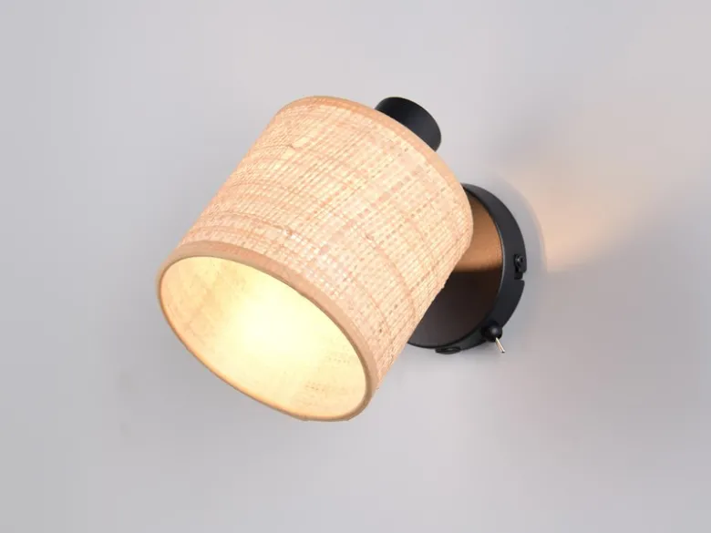 LED Wandstrahler mit Schalter & Bast Lampenschirm, Breite 13cm