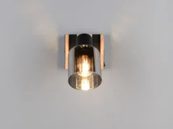 LED Wandstrahler mit Schalter, Rauchglas Schwarz & Holz, Breite 10cm