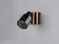 LED Wandstrahler mit Schalter, Rauchglas Schwarz & Holz, Breite 10cm