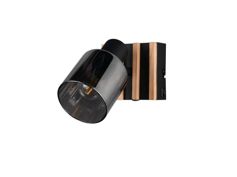 LED Wandstrahler mit Schalter, Rauchglas Schwarz & Holz, Breite 10cm