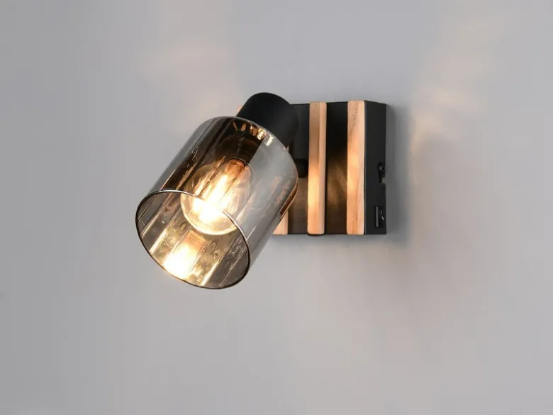 LED Wandstrahler mit Schalter, Rauchglas Schwarz & Holz, Breite 10cm
