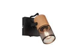 LED Wandstrahler mit Schalter, Schwarz mit Holz & Gitterschirm, Breite 9cm