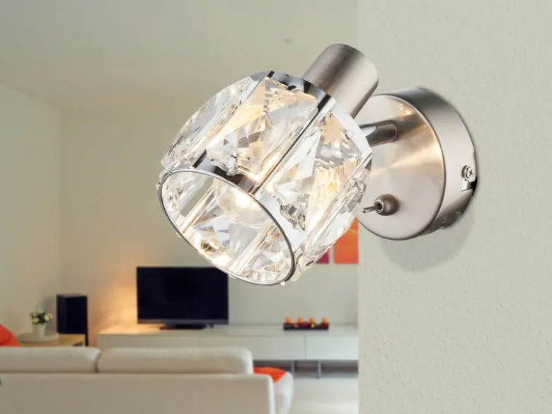LED Wandstrahler mit Schalter & Glaskristallen Silber matt, Breite 9cm