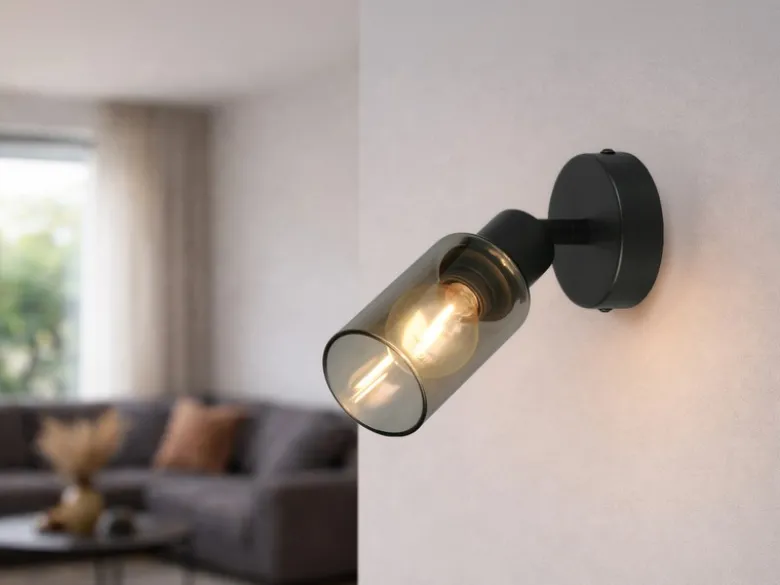 LED Wandstrahler Schwarz mit Rauchglas Lampenschirm, Höhe 17,5cm