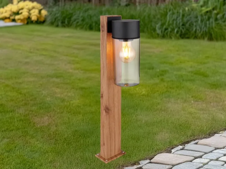 LED Wegeleuchte aus Edelstahl in Holzoptik mit rauchfarbigem Glas, Höhe 50cm