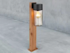 LED Wegeleuchte aus Edelstahl in Holzoptik mit rauchfarbigem Glas, Höhe 50cm