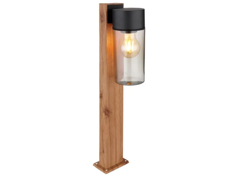 LED Wegeleuchte aus Edelstahl in Holzoptik mit rauchfarbigem Glas, Höhe 50cm