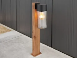 LED Wegeleuchte aus Edelstahl in Holzoptik mit rauchfarbigem Glas, Höhe 50cm