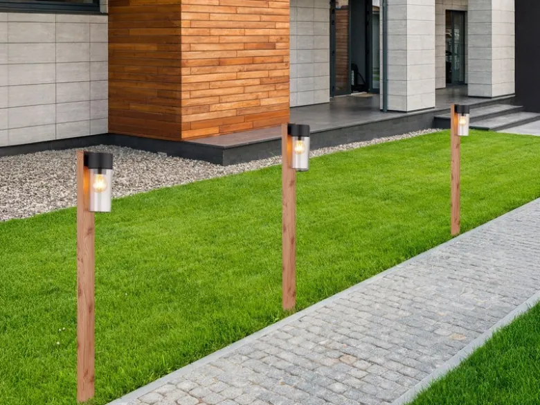 LED Wegeleuchte aus Edelstahl in Holzoptik mit rauchfarbigem Glas, Höhe 100cm
