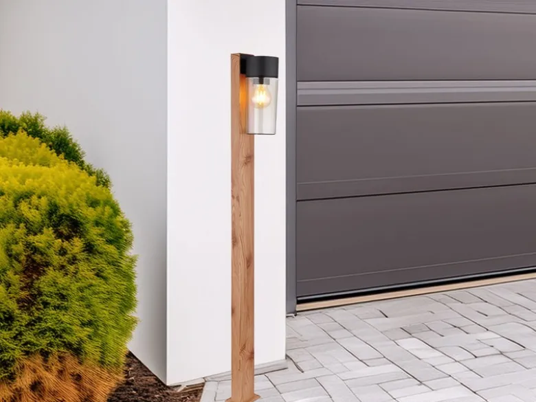 LED Wegeleuchte aus Edelstahl in Holzoptik mit rauchfarbigem Glas, Höhe 100cm