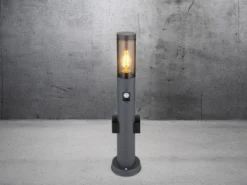LED Wegeleuchte mit Bewegungsmelder & Steckdosen in Anthrazit & Rauch, H 60cm