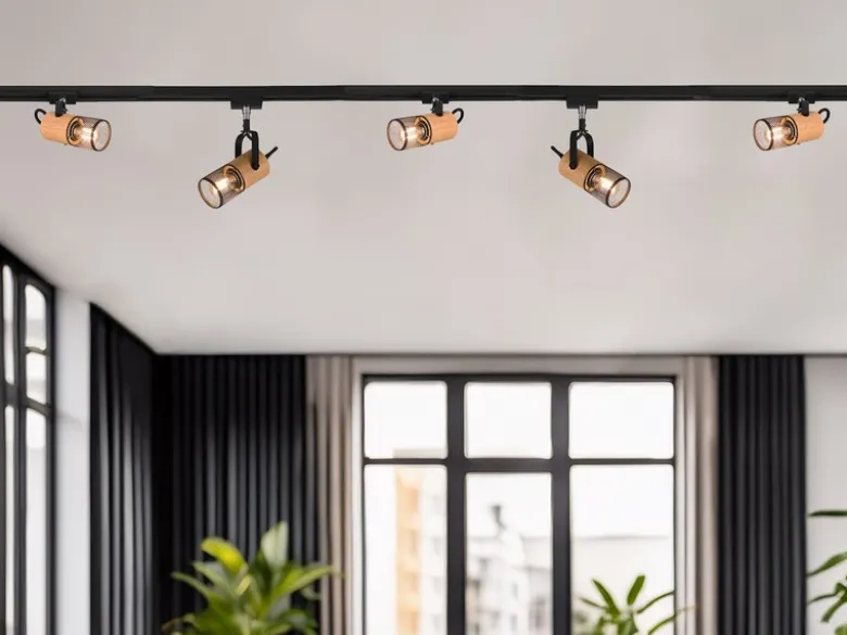 Lichtschienensystem mit 5 Holz Spots & Einspeisung 4-adrig, Länge 202,5cm