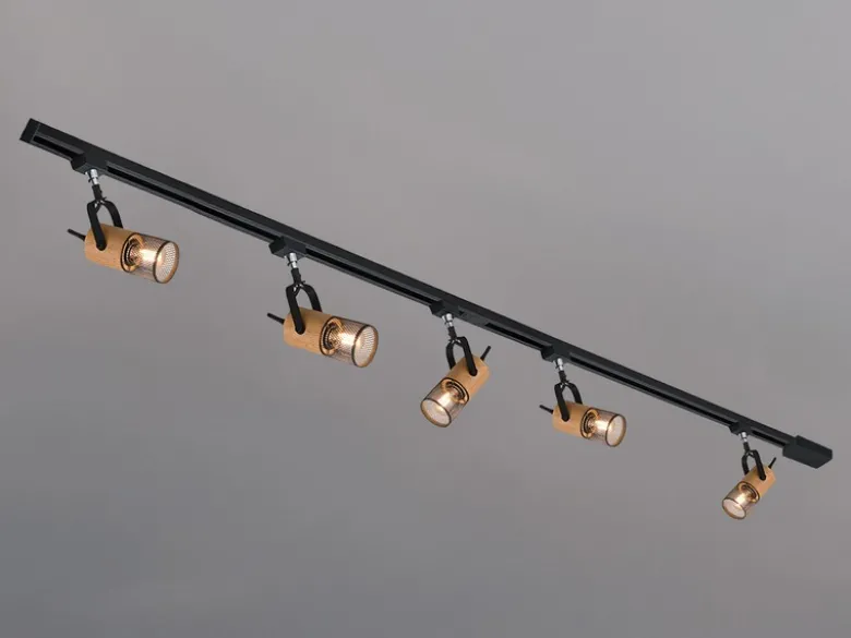 Lichtschienensystem mit 5 Holz Spots & Einspeisung 3-adrig, Länge 202,5cm