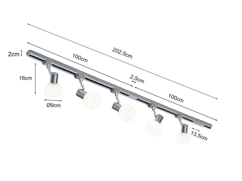 Lichtschienensystem mit 5 Spots Glas Weiß & Einspeisung 4-adrig, Länge 202,5cm