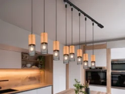 Lichtschienensystem mit 8x Holz Pendel & Einspeisung 3-adrig, Länge 202,5cm
