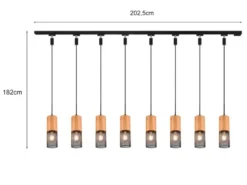 Lichtschienensystem mit 8x Holz Pendel & Einspeisung 4-adrig, Länge 202,5cm