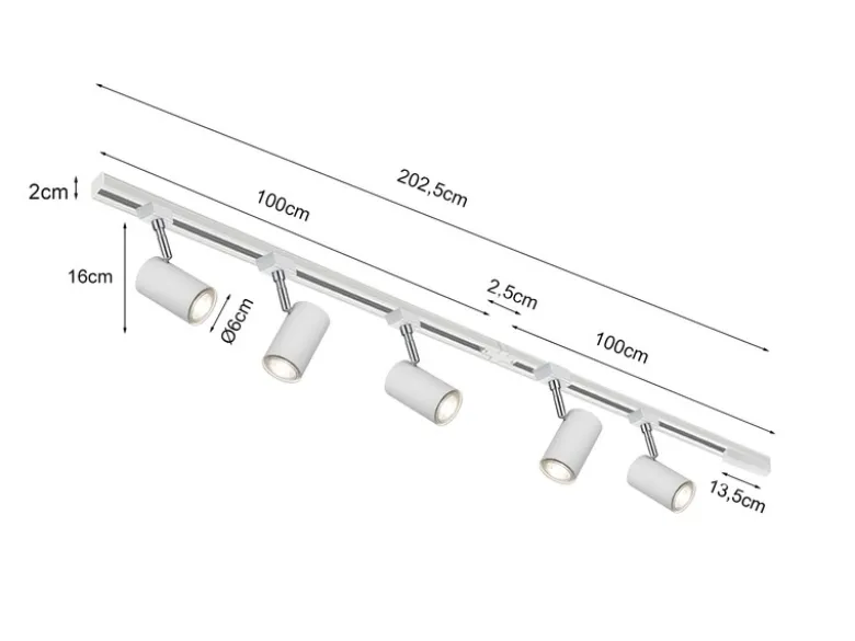 Lichtschienensystem Weiß mit 5 Spots & Einspeisung 4-adrig, Länge 202,5cm