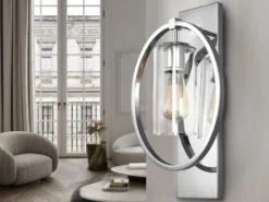 Markante LED Wandleuchte aus massivem Stahl in Chrom mit Glas, Höhe 46cm