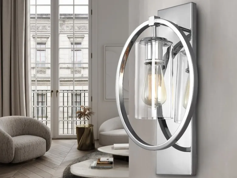 Markante LED Wandleuchte aus massivem Stahl in Chrom mit Glas, Höhe 46cm