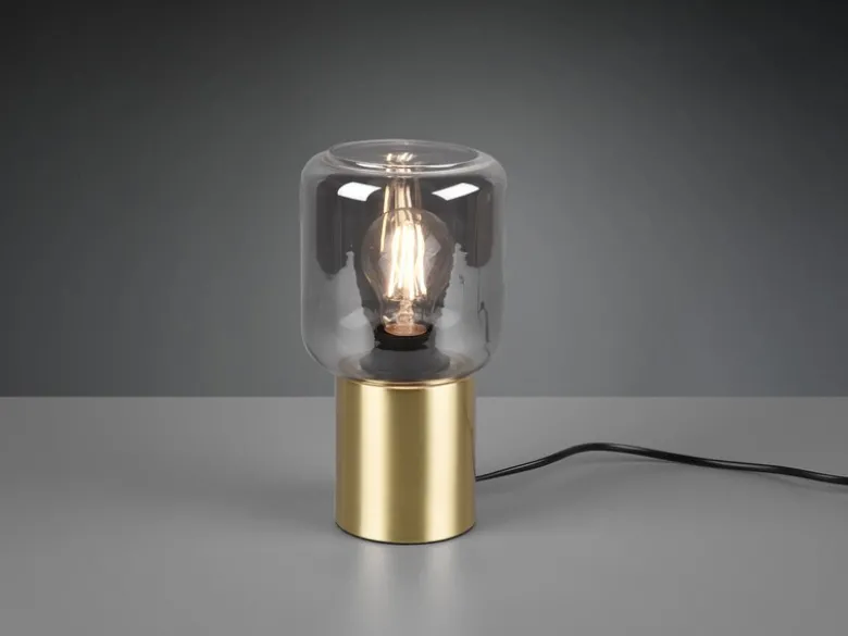 Mini LED Tischleuchte Messing Glasschirm Rauchfarbig, Höhe 24cm