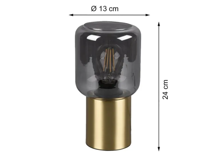 Mini LED Tischleuchte Messing Glasschirm Rauchfarbig, Höhe 24cm