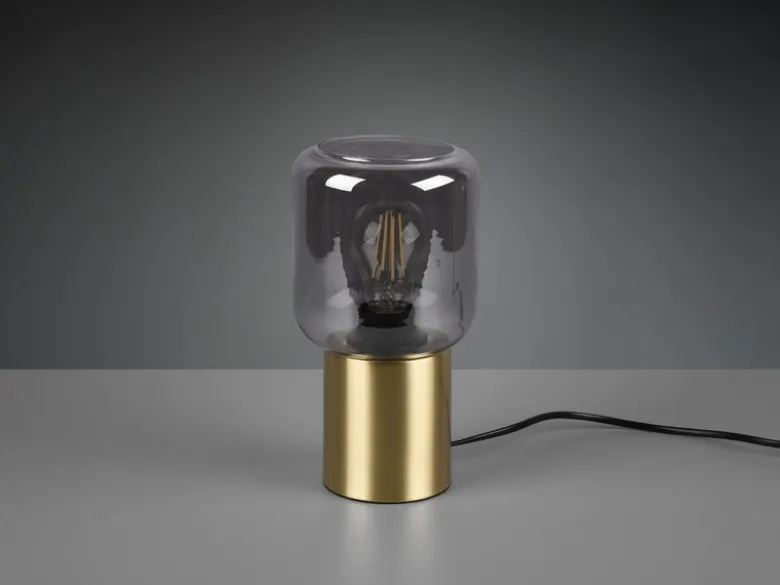 Mini LED Tischleuchte Messing Glasschirm Rauchfarbig, Höhe 24cm