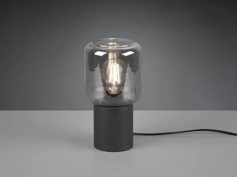Mini LED Tischleuchte Schwarz Glasschirm Rauchfarbig, Höhe 24cm