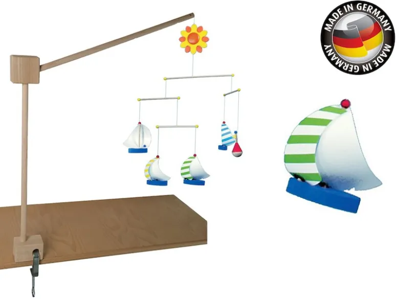 Mobilehalter Holz - 100 % Naturprodukt - mit fröhlichem Mobile SEGELSCHIFFE