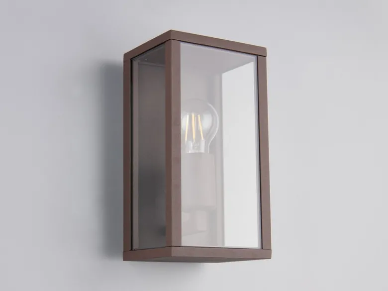Moderne Außenwandleuchte GARONNE in Rostoptik mit Glas, Höhe 26cm