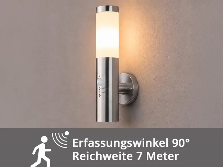 Moderne Außenwandleuchte RADA aus Edelstahl, E27 mit Bewegungsmelder, Höhe 38cm