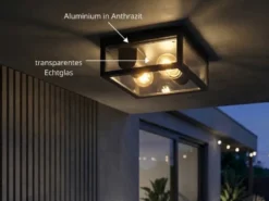 Moderne LED Außendeckenleuchte in Anthrazit mit Glas, 24x24cm