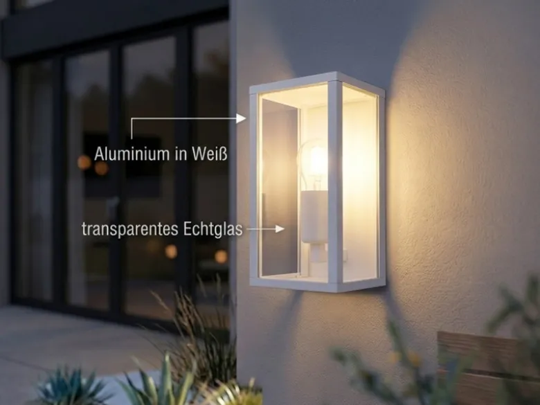 Moderne LED Außenwandleuchte in Weiß mit Glas, Höhe 26cm