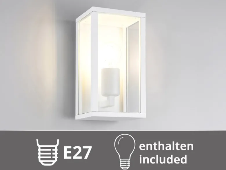 Moderne LED Außenwandleuchte in Weiß mit Glas, Höhe 26cm