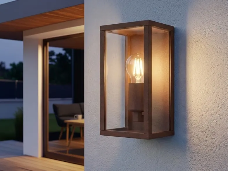 Moderne LED Außenwandleuchte in Rostoptik mit Glas, Höhe 26cm