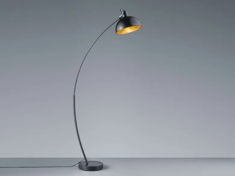 Moderne LED Bogenleuchte in Schwarz Schirm innen Gold, 155cm hoch 75cm Ausladung