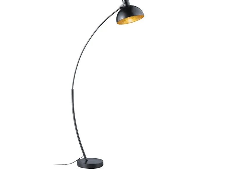 Moderne LED Bogenleuchte in Schwarz Schirm innen Gold, 155cm hoch 75cm Ausladung