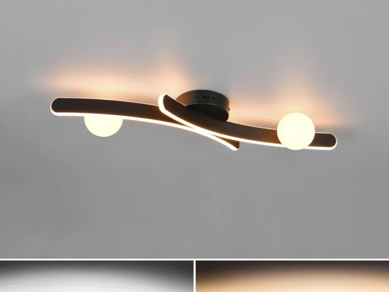 Moderne LED Deckenleuchte NAPOLI Schwarz, dimmbar mit 2 Glaskugeln, Breite 70cm