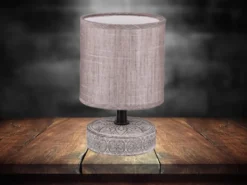 Moderne LED Keramik Tischleuchte Stofflampenschirm in Braun, Höhe 20cm