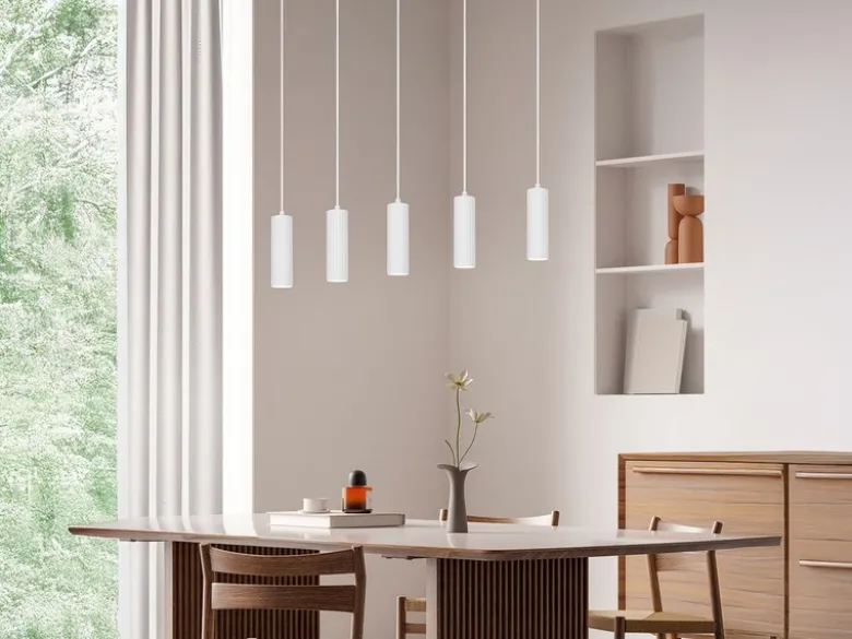 Moderne LED Pendelleuchte 5-flammig aus Metall Weiß, Breite 85cm