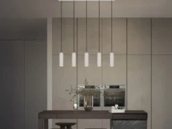 Moderne LED Pendelleuchte 5-flammig aus Metall Hellgrau, Breite 85cm