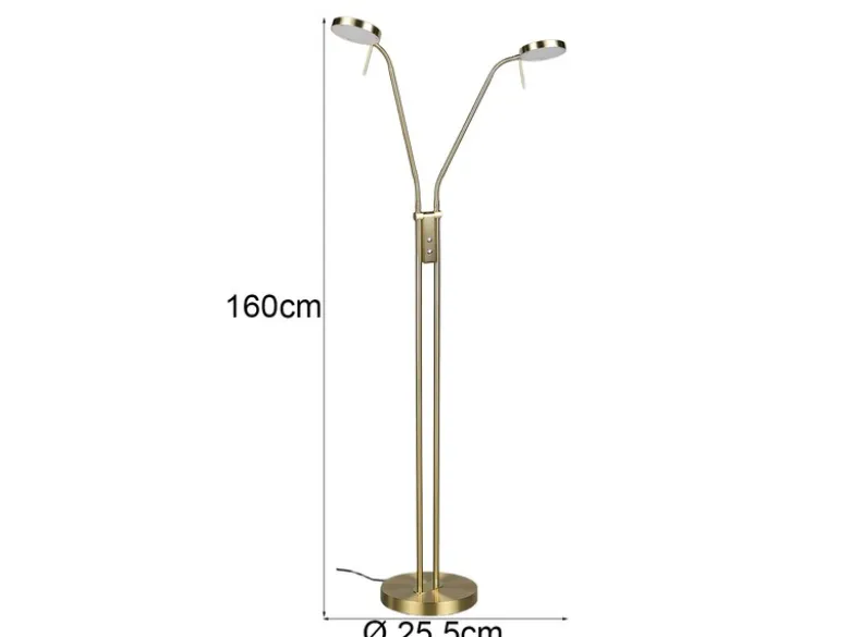 Moderne LED Stehlampe MONZA dimmbar, 2-flammig Messing, Höhe 160cm
