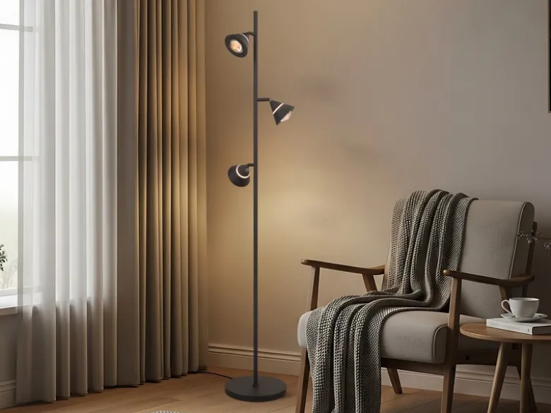 Moderne LED Stehlampe ROMEO dimmbar mit 3 Spots, Schwarz, Höhe 150cm